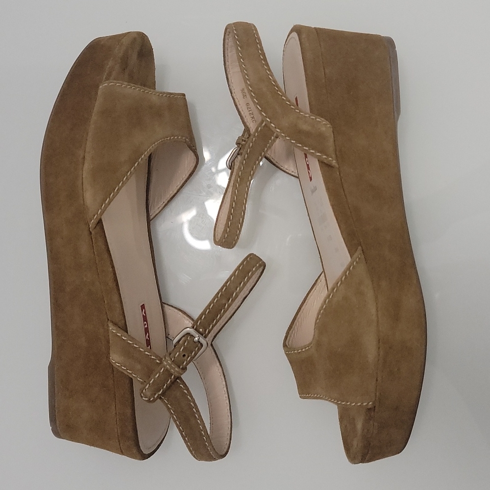 Prada Brown Suede Wedge Sandals - Picture 8 of 12